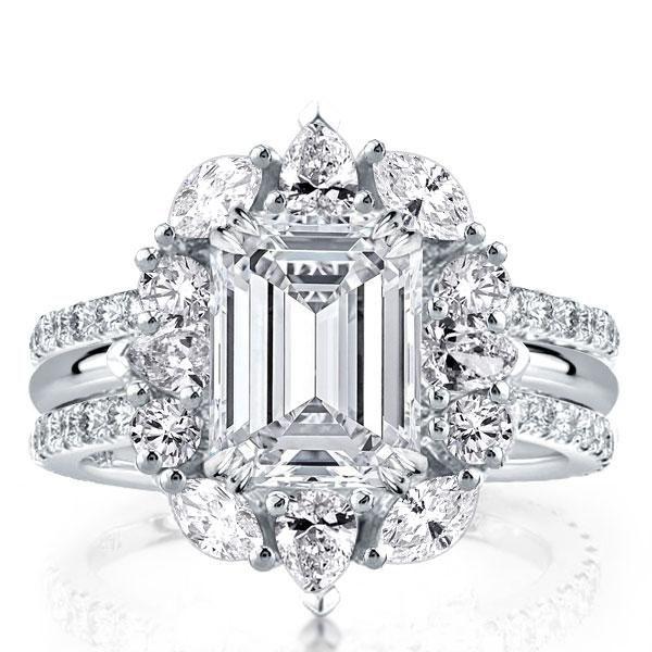 Emerald Cut Halo Wedding Set - Sterling Silver Double Prong 3PC Bridal Ring Set