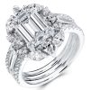 Emerald Cut Halo Wedding Set - Sterling Silver Double Prong 3PC Bridal Ring Set