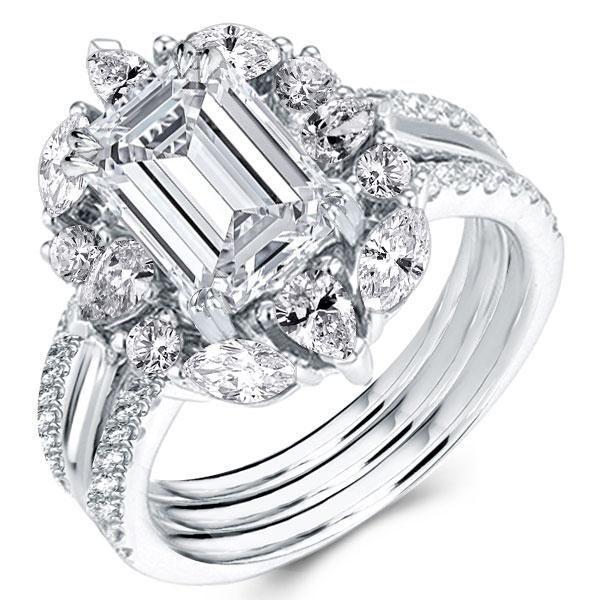 Emerald Cut Halo Wedding Set - Sterling Silver Double Prong 3PC Bridal Ring Set