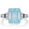 Art Deco Emerald Cut Aquamarine Engagement Ring in Rhodium Plated Sterling Silver