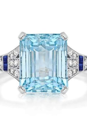 Art Deco Emerald Cut Aquamarine Engagement Ring in Rhodium Plated Sterling Silver