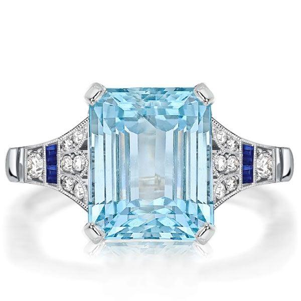 Art Deco Emerald Cut Aquamarine Engagement Ring in Rhodium Plated Sterling Silver