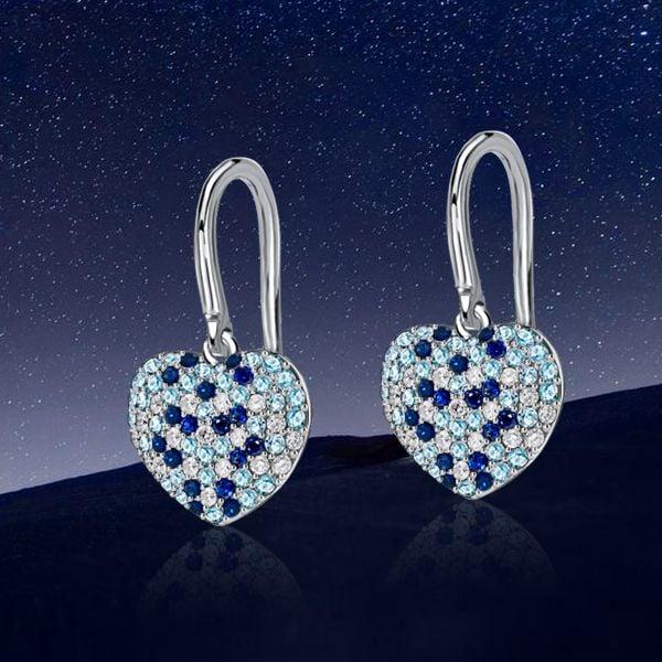Micro-Pave Aquamarine Blue Sapphire Heart Drop Earrings in Rhodium Plated Sterling Silver
