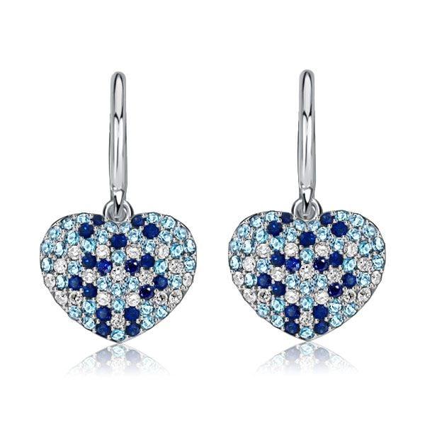 Micro-Pave Aquamarine Blue Sapphire Heart Drop Earrings in Rhodium Plated Sterling Silver