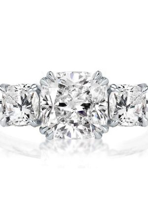 Cushion Cut Sterling Silver Three Stone Engagement Ring - Double Prong Setting