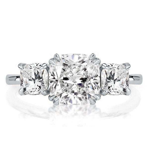 Cushion Cut Sterling Silver Three Stone Engagement Ring - Double Prong Setting
