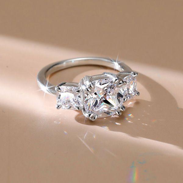Cushion Cut Sterling Silver Three Stone Engagement Ring - Double Prong Setting