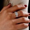 Cushion Cut Sterling Silver Three Stone Engagement Ring - Double Prong Setting