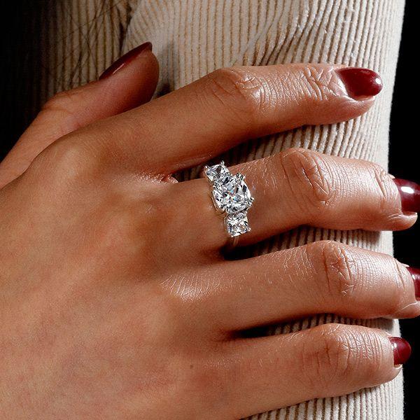 Cushion Cut Sterling Silver Three Stone Engagement Ring - Double Prong Setting