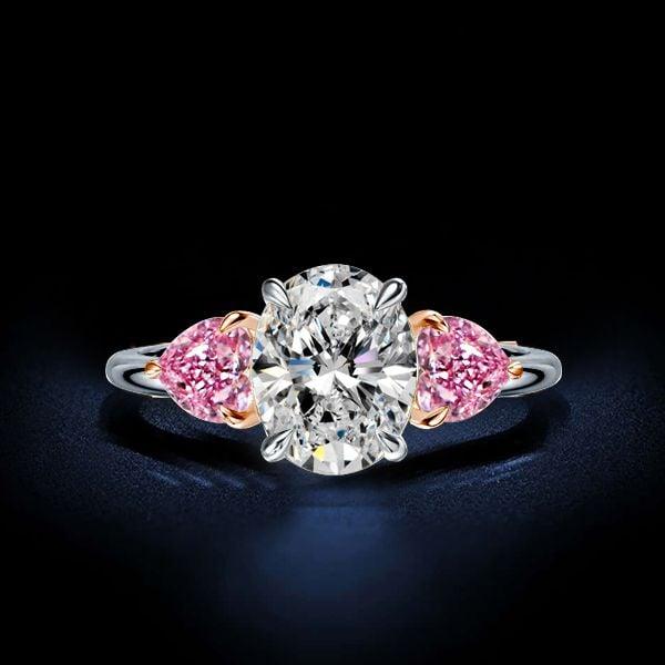 4.00 CT. TW. Three Stone Oval and Heart Cut White Sapphire Engagement Ring in Rhodium Plated Sterling Silver