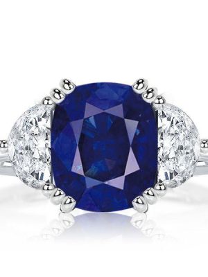 Cushion Cut Blue Sapphire Three Stone Engagement Ring - Sterling Silver