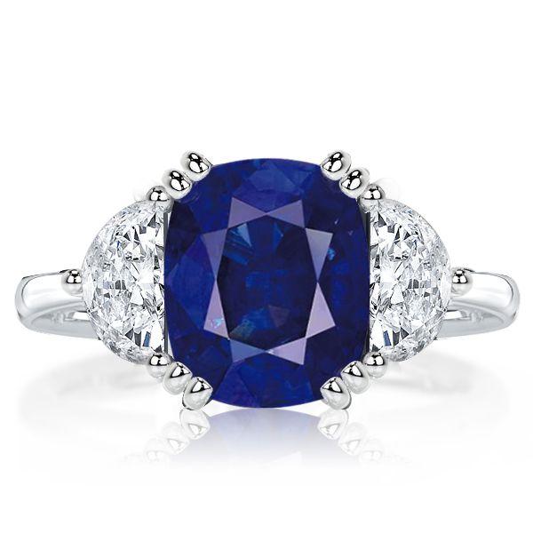 Cushion Cut Blue Sapphire Three Stone Engagement Ring - Sterling Silver