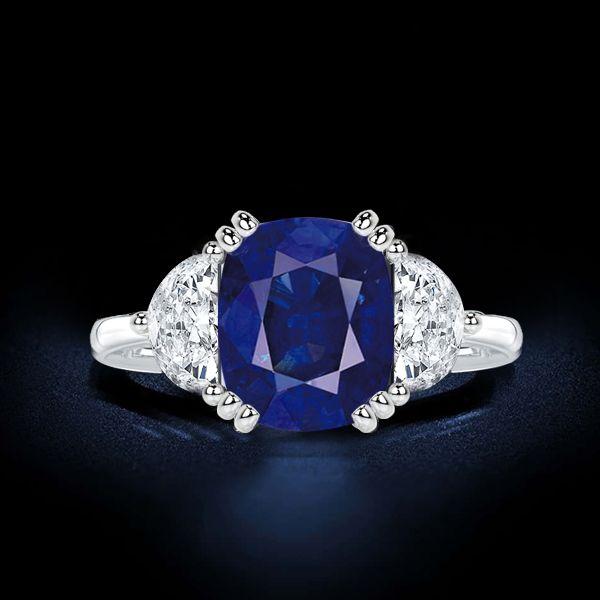 Cushion Cut Blue Sapphire Three Stone Engagement Ring - Sterling Silver
