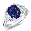 Cushion Cut Blue Sapphire Three Stone Engagement Ring - Sterling Silver
