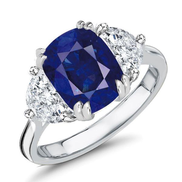 Cushion Cut Blue Sapphire Three Stone Engagement Ring - Sterling Silver