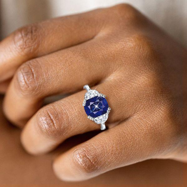 Cushion Cut Blue Sapphire Three Stone Engagement Ring - Sterling Silver