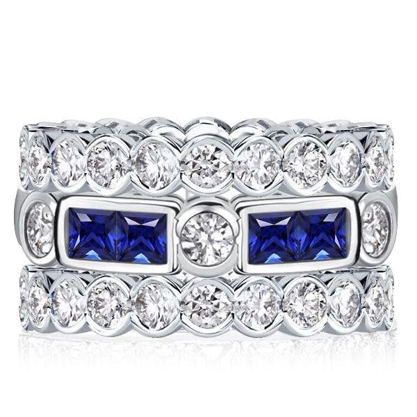 Vintage White and Blue Sapphire Stackable Band Set in 925 Sterling Silver