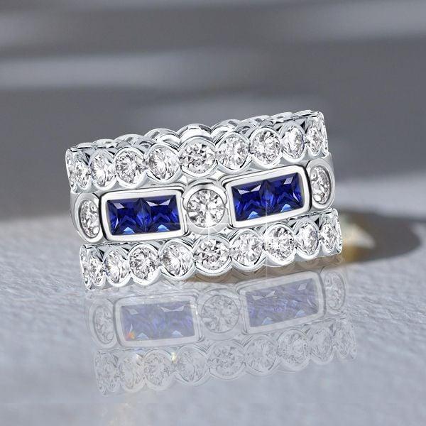 Vintage White and Blue Sapphire Stackable Band Set in 925 Sterling Silver