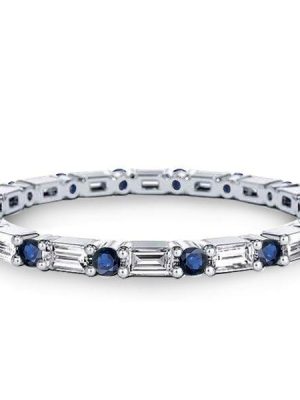 Blue & White Baguette Eternity Band - Sterling Silver Wedding Ring for Women
