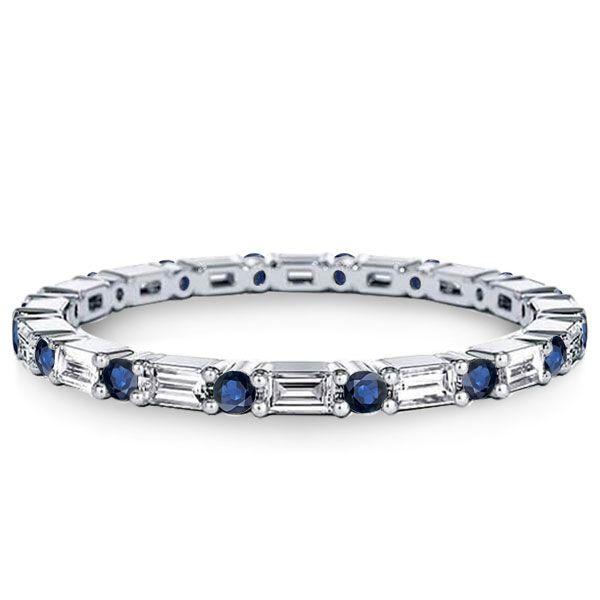 Blue & White Baguette Eternity Band - Sterling Silver Wedding Ring for Women