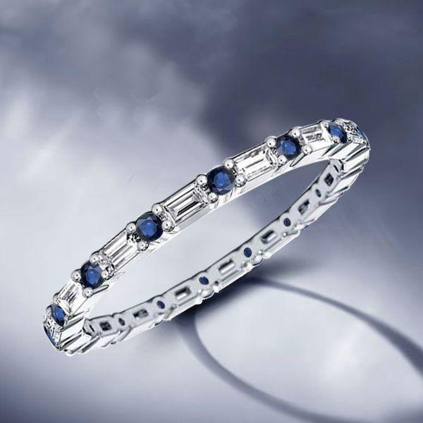 Blue & White Baguette Eternity Band - Sterling Silver Wedding Ring for Women