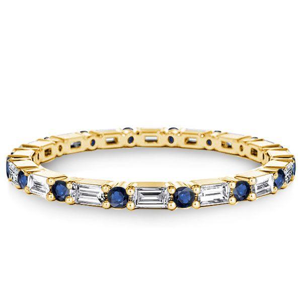 Blue & White Baguette Eternity Band - Sterling Silver Wedding Ring for Women