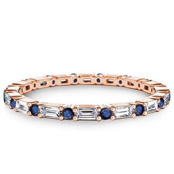 Blue & White Baguette Eternity Band - Sterling Silver Wedding Ring for Women