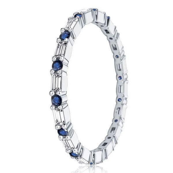 Blue & White Baguette Eternity Band - Sterling Silver Wedding Ring for Women