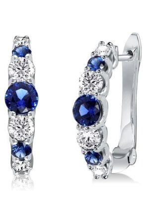 Blue and White Sapphire Hoop Earrings in 925 Sterling Silver with Rhodium Finish