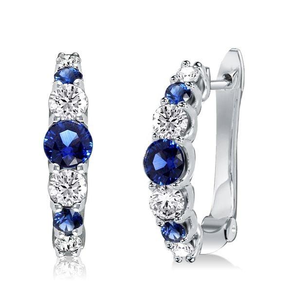 Blue and White Sapphire Hoop Earrings in 925 Sterling Silver with Rhodium Finish