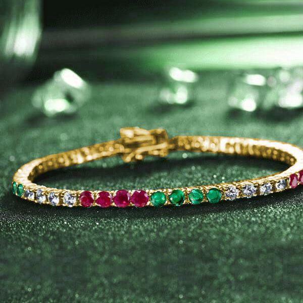 Gemstone Tennis Bracelet - 18K Gold Plated Sterling Silver with Emerald, Sapphire & Ruby - 5.8 CT TW