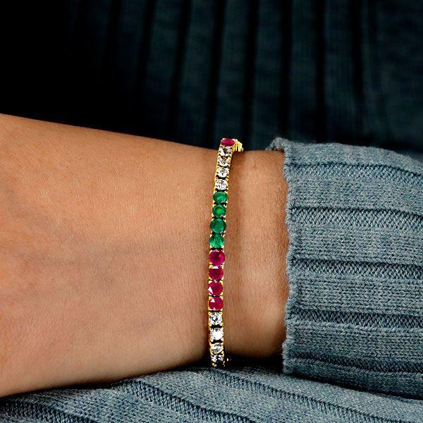 Gemstone Tennis Bracelet - 18K Gold Plated Sterling Silver with Emerald, Sapphire & Ruby - 5.8 CT TW