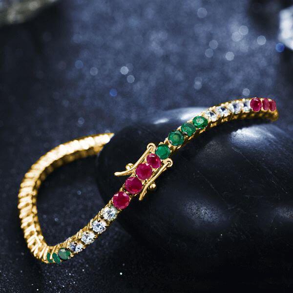 Gemstone Tennis Bracelet - 18K Gold Plated Sterling Silver with Emerald, Sapphire & Ruby - 5.8 CT TW