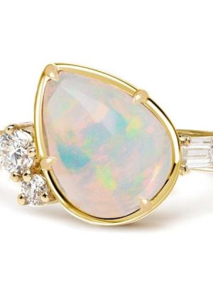 Pear Cut Opal Engagement Ring in 18K Gold Plated Sterling Silver, 3.44 CT.