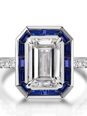 Emerald Cut Bezel Engagement Ring in Rhodium-Plated Sterling Silver