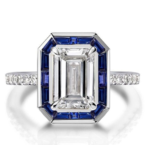 Emerald Cut Bezel Engagement Ring in Rhodium-Plated Sterling Silver
