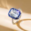 Emerald Cut Bezel Engagement Ring in Rhodium-Plated Sterling Silver