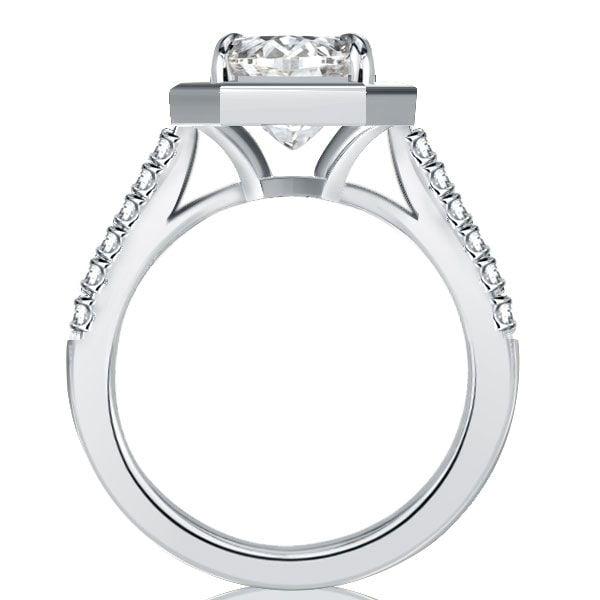 Emerald Cut Bezel Engagement Ring in Rhodium-Plated Sterling Silver