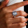 Emerald Cut Bezel Engagement Ring in Rhodium-Plated Sterling Silver