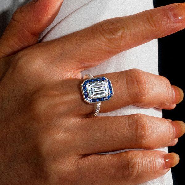 Emerald Cut Bezel Engagement Ring in Rhodium-Plated Sterling Silver