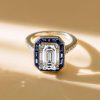 Emerald Cut Bezel Engagement Ring in Rhodium-Plated Sterling Silver
