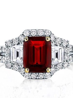Emerald & Garnet Three Stone Ring - 925 Sterling Silver (Yellow Gold Plated)