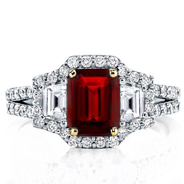 Emerald & Garnet Three Stone Ring - 925 Sterling Silver (Yellow Gold Plated)