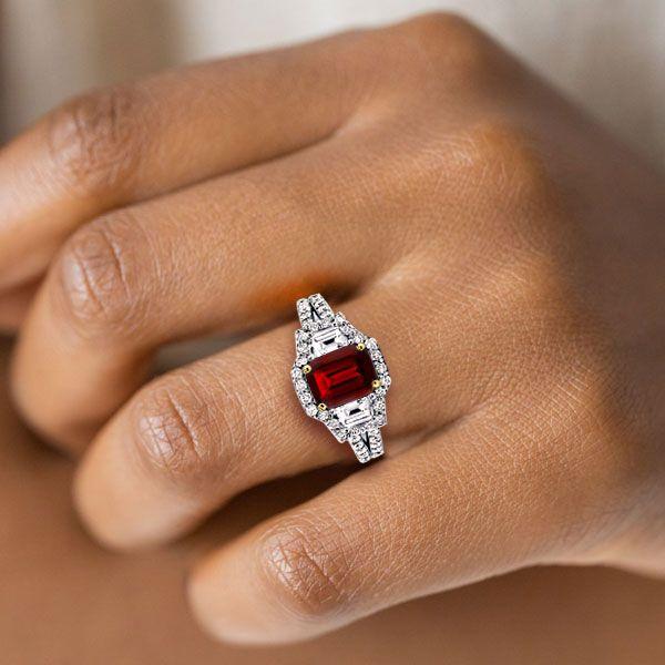 Emerald & Garnet Three Stone Ring - 925 Sterling Silver (Yellow Gold Plated)