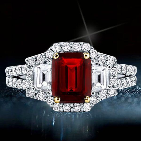Emerald & Garnet Three Stone Ring - 925 Sterling Silver (Yellow Gold Plated)
