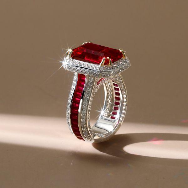 Halo Ruby Engagement Ring - 925 Sterling Silver, Gold Plated Option