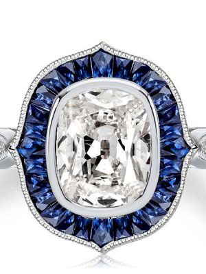 Art Deco Cushion Cut Blue Sapphire Halo Engagement Ring in Sterling Silver