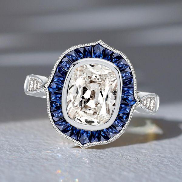 Art Deco Cushion Cut Blue Sapphire Halo Engagement Ring in Sterling Silver