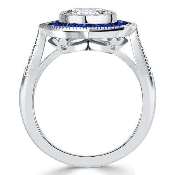 Art Deco Cushion Cut Blue Sapphire Halo Engagement Ring in Sterling Silver