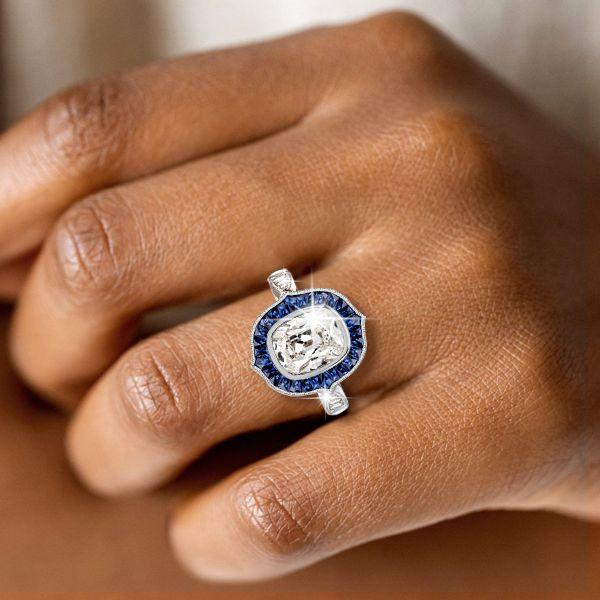 Art Deco Cushion Cut Blue Sapphire Halo Engagement Ring in Sterling Silver